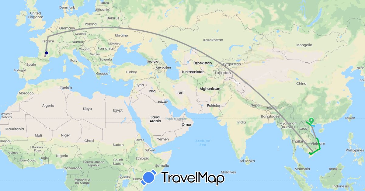 TravelMap itinerary: driving, bus, plane, hiking, boat, motorbike in France, Vietnam (Asia, Europe)
